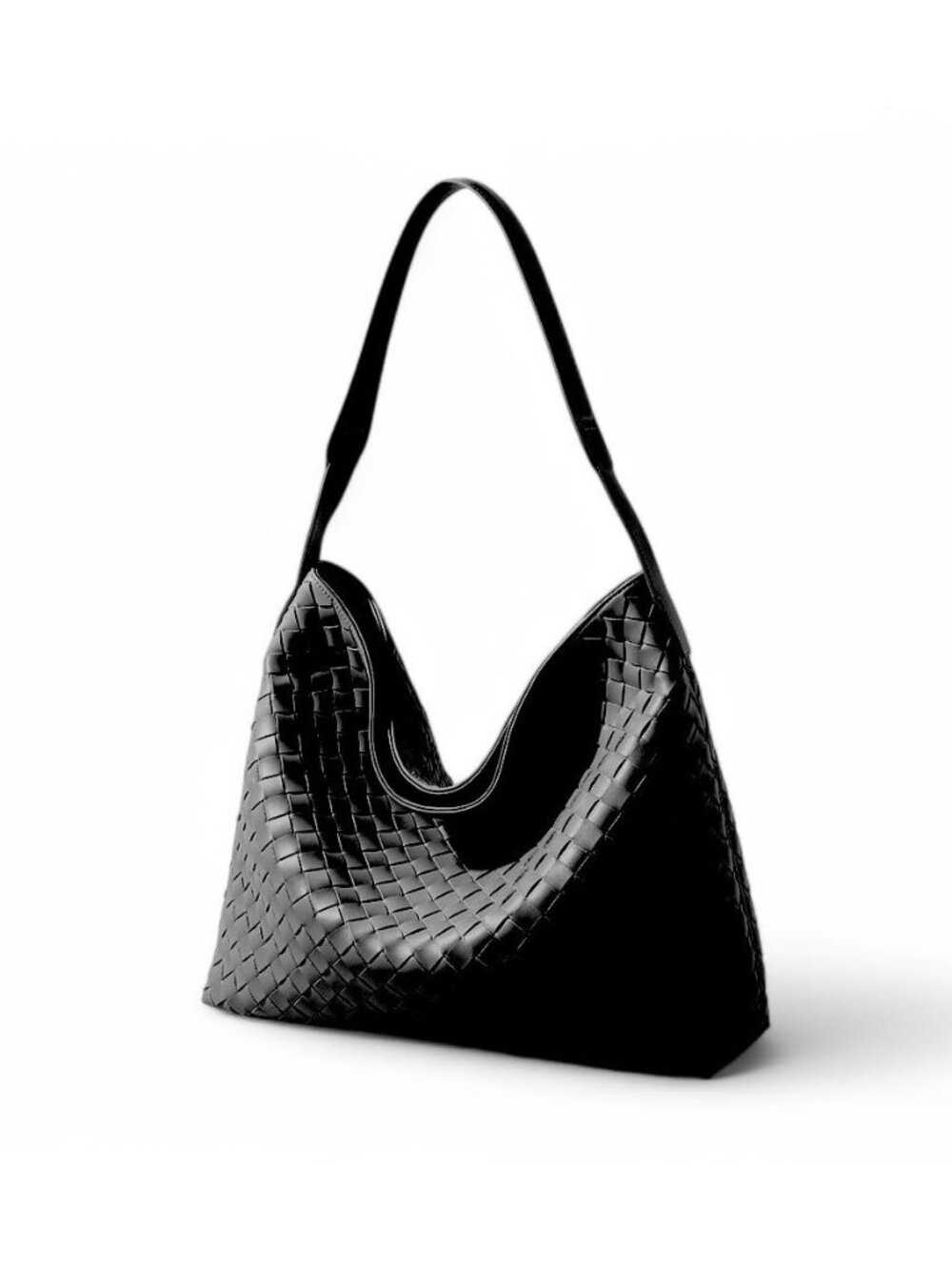 Woven Leather Shoulder Bag, Black Tote, 15 x 14 x 5 inches